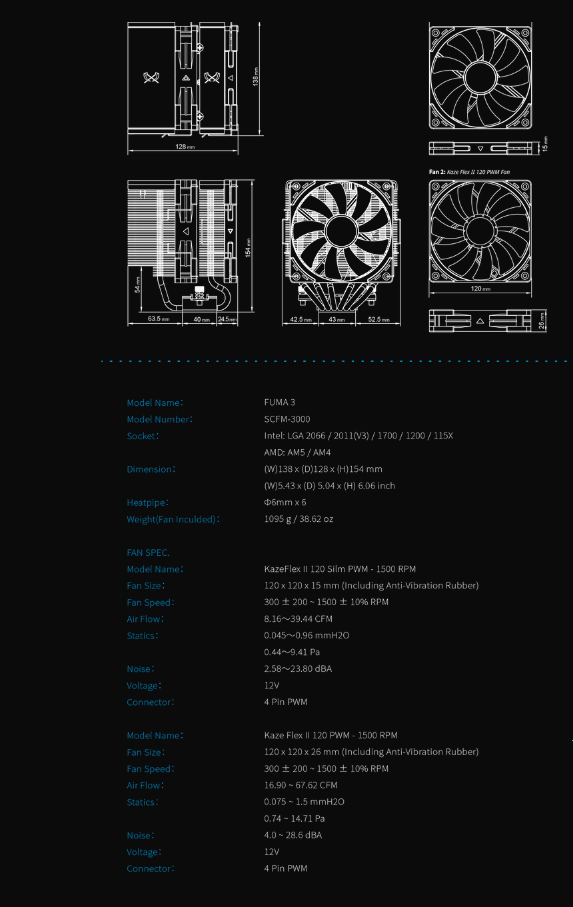 Scythe Fuma 3 high-end dual tower CPU air cooler, CPU AIR COOLER LGA 1700, AM5 Ready