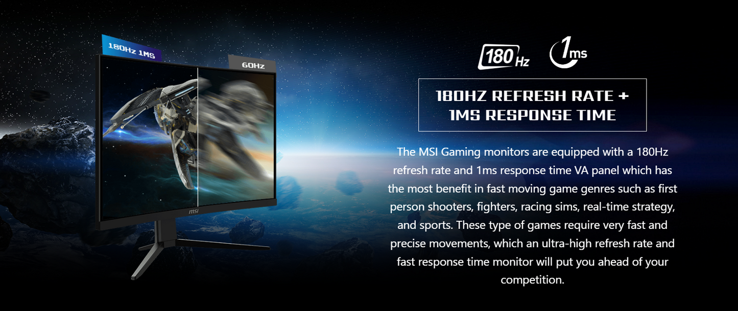 MSI G2422C Gaming Monitor - 23.6" FHD (1920x1080) Curved 1500R, VA Panel, 180hz, 1ms(MPRT), Adaptive Sync