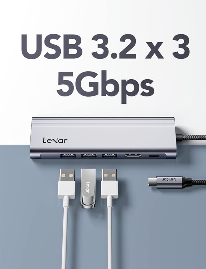 Lexar H31 7-in-1 USB-C Hub Docking Station HDMI 4K, 60Hz, Multi-Port Adapter Dongle, with 3 USB 3.2 Ports, HDMI, 100W PD, SD/TF Card Reader, Compatible with Laptop/Tablet/Smartphone
