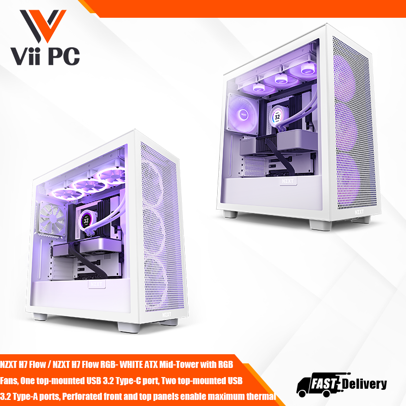 NZXT H7 Flow / NZXT H7 Flow RGB- WHITE ATX Mid-Tower with RGB Fans, One top-mounted USB 3.2 Type-C port, Two top-mounted USB 3.2 Type-A ports, Perforated front & top panels enable maximum thermal performance