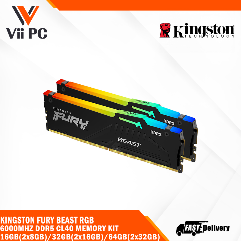 Kingston FURY Beast RGB 16GB(2x8GB)/32GB(2x16GB)/64GB(2x32GB) 6000Mhz DDR5 CL40 Memory Kit