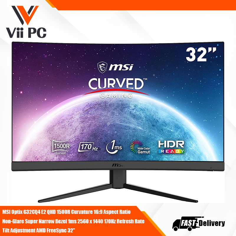 MSI Optix G32CQ4 E2 QHD 1500R Curvature 16:9 Aspect Ratio Non-Glare Super Narrow Bezel 1ms 2560 x 1440 170Hz Refresh Rate Tilt Adjustment AMD FreeSync 32"