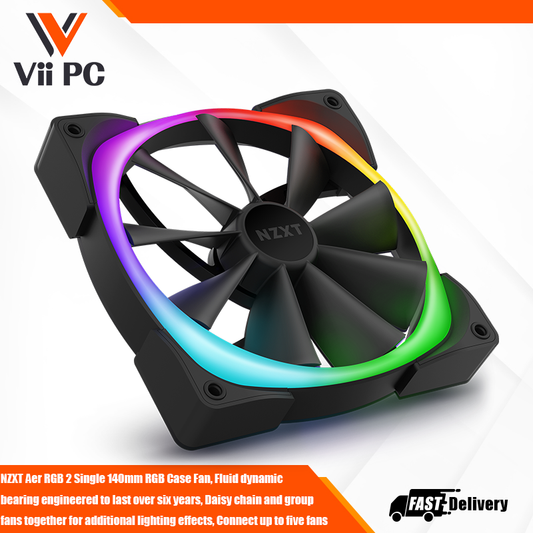 NZXT Aer RGB 2 Single 140mm RGB Case Fan, Fluid dynamic bearing engineered to last over six years, Daisy chain and group fans together for additional lighting effects, Connect up to ﬁve fans per channel