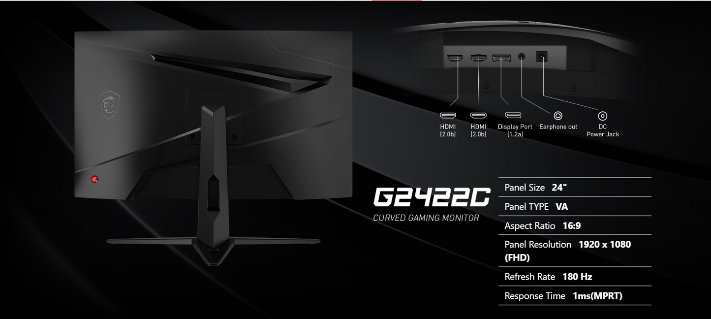 MSI G2422C Gaming Monitor - 23.6" FHD (1920x1080) Curved 1500R, VA Panel, 180hz, 1ms(MPRT), Adaptive Sync