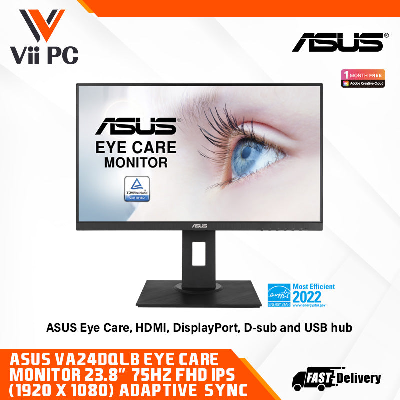 ASUS VA24DQLB Eye Care Monitor - 23.8" FHD, IPS, Frameless, 75Hz, Adaptive-Sync, Low Blue Light, Flicker Free, Ergonomic Design, Wall Mountable