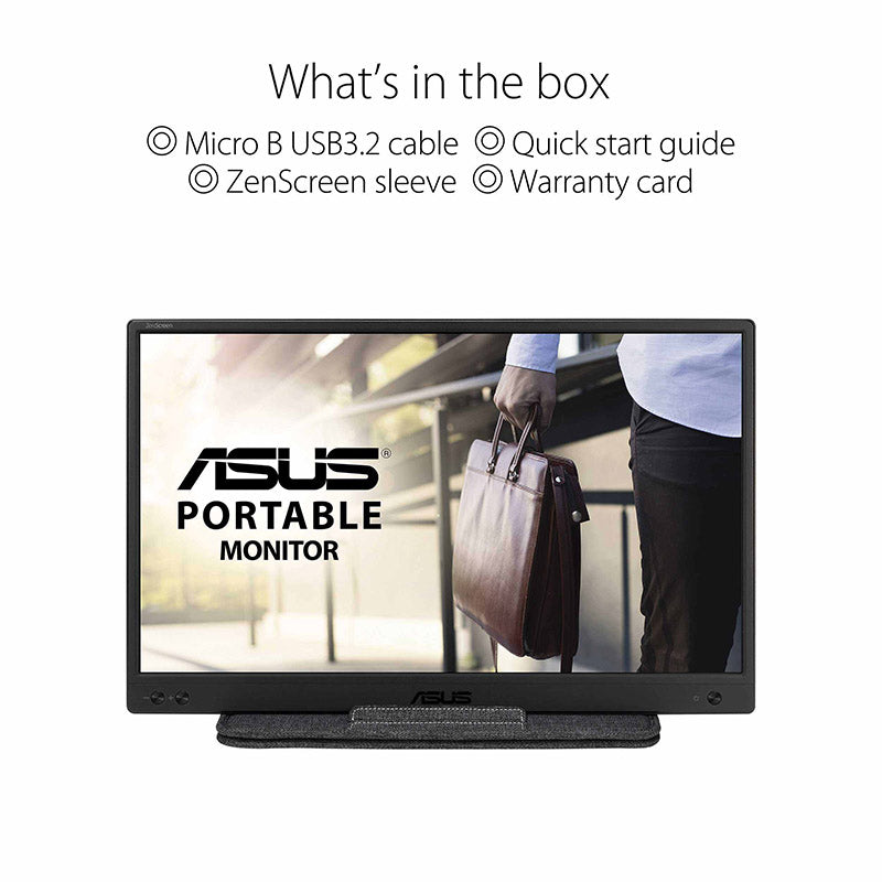 ASUS ZenScreen MB166B Portable USB Monitor- 16" (15.6" viewable) FHD, IPS, USB 3.2, Eye Care monitor, Anti-glare surface, ZenScreen sleeve