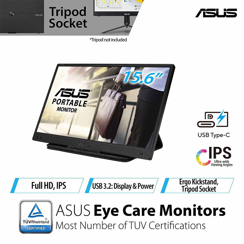 ASUS ZenScreen MB166B Portable USB Monitor- 16" (15.6" viewable) FHD, IPS, USB 3.2, Eye Care monitor, Anti-glare surface, ZenScreen sleeve