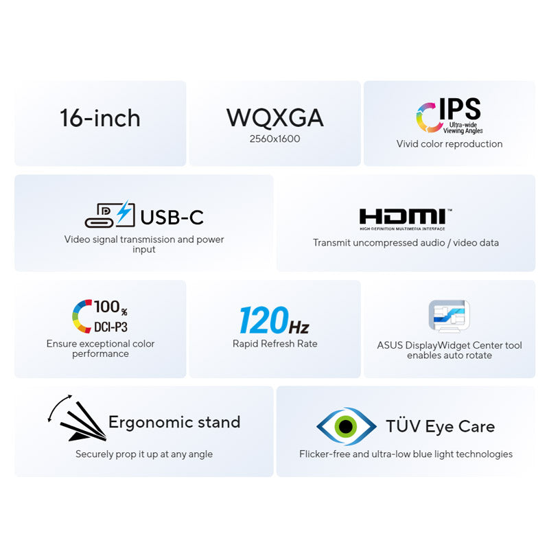 ASUS ZenScreen MB16QHG Portable Monitor - 16" 16:10 WQXGA (2560x1600) IPS, 120Hz refresh rate, DisplayHDR™ 400, 100% DCI-P3, L-shaped kickstand, tripod, USB Type-C®, HDMI®, Flicker Free, Low Blue Light, ZenScreen sleeve