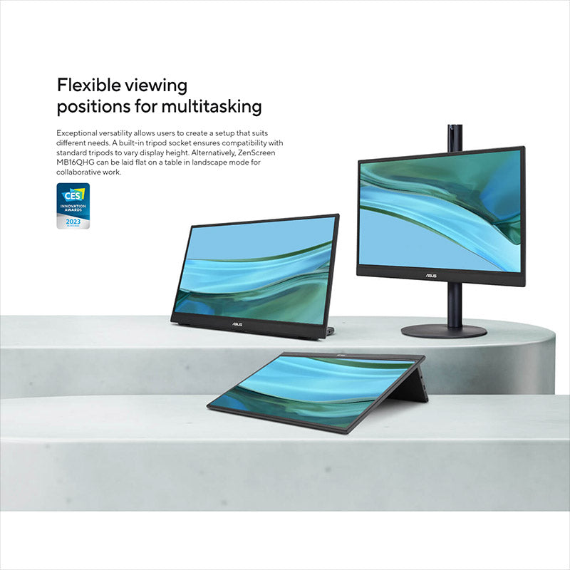 ASUS ZenScreen MB16QHG Portable Monitor - 16" 16:10 WQXGA (2560x1600) IPS, 120Hz refresh rate, DisplayHDR™ 400, 100% DCI-P3, L-shaped kickstand, tripod, USB Type-C®, HDMI®, Flicker Free, Low Blue Light, ZenScreen sleeve