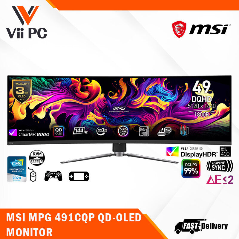 MSI MPG 491CQP 49" QD-OLED Gaming Monitor - DQHD (5120x1440), Curved 1800R. 144Hz, ClearMR8000, 0.03ms(GtG), AdaptiveSync, HDR400, Adjustable Stand, USB-C PD90W, USB Hub, KVM, OLED Care 2.0