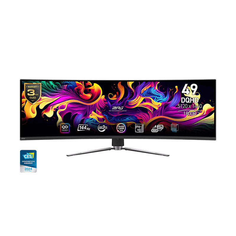 MSI MPG 491CQP 49" QD-OLED Gaming Monitor - DQHD (5120x1440), Curved 1800R. 144Hz, ClearMR8000, 0.03ms(GtG), AdaptiveSync, HDR400, Adjustable Stand, USB-C PD90W, USB Hub, KVM, OLED Care 2.0
