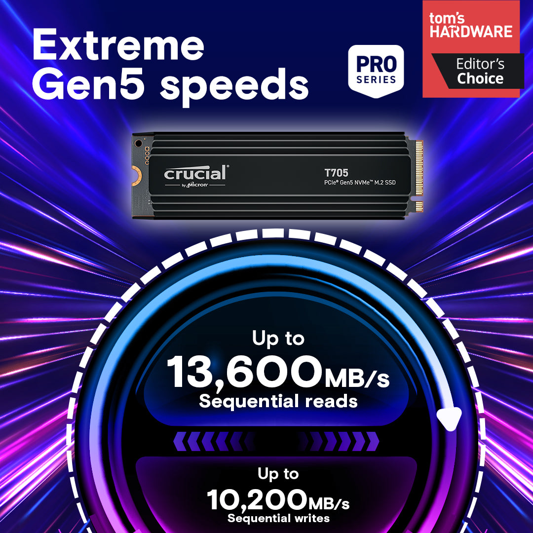 Crucial T705 (1TB/2TB/4TB) PCIe Gen5 NVMe M.2 SSD with heatsink