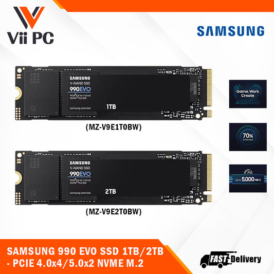 SAMSUNG 990 EVO NVMe 2.0 M.2 2280 SSD 1TB/2TB - PCIe 4.0x4/PCIe 5.0x2/Up to 5,000 MB/s Read/Up to 4,200 MB/s Write/5 Yrs Wty