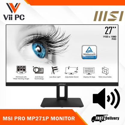 MSI PRO MP271P 27" 75Hz, IPS, FHD (1920x1080) HDMI (1.4) Built-In Speakers, Adjustable Stand, Anti-Flicker, Less Blue Light, Display Kit Support, VESA Mountable