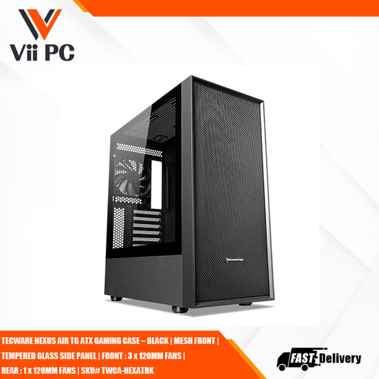 TECWARE NEXUS AIR TG ATX GAMING CASE – BLACK | MESH FRONT | TEMPERED GLASS SIDE PANEL | FRONT : 3 x 120MM FANS | REAR : 1 x 120MM FANS | SKU# TWCA-NEXATBK