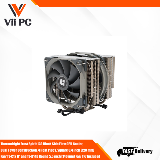 Thermalright Frost Spirit 140 Black Side Flow CPU Cooler, Dual Tower Construction, 4 Heat Pipes, Square 0.4 inch (120 mm) Fan"TL-C12 B" and TL-D14B Round 5.5 inch (140 mm) Fan, TF7 Included
