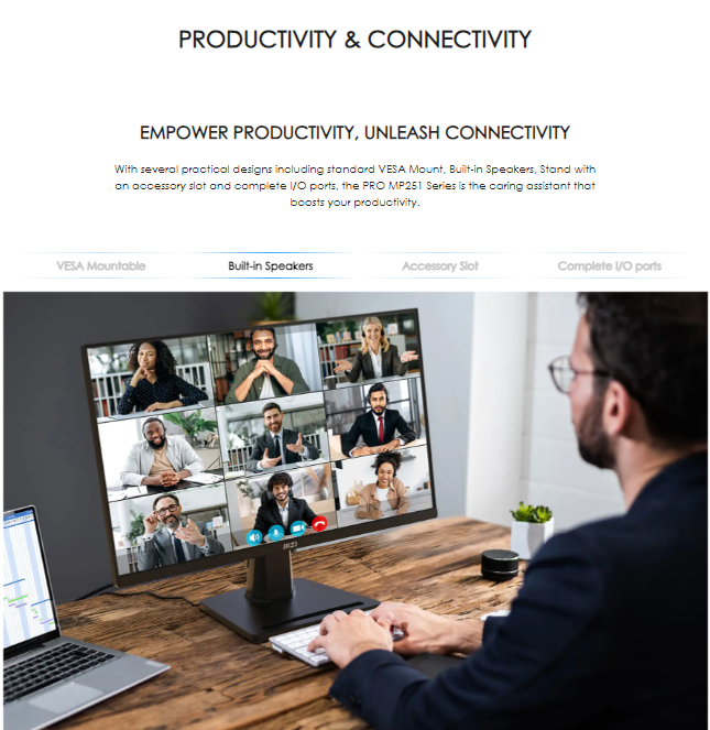 MSI PRO MP251 Business Productivity Monitor - 24.5" FHD, Flatscreen, IPS Panel, 100hz, 1ms(MPRT), Built-in Speaker, EyesErgo Tech