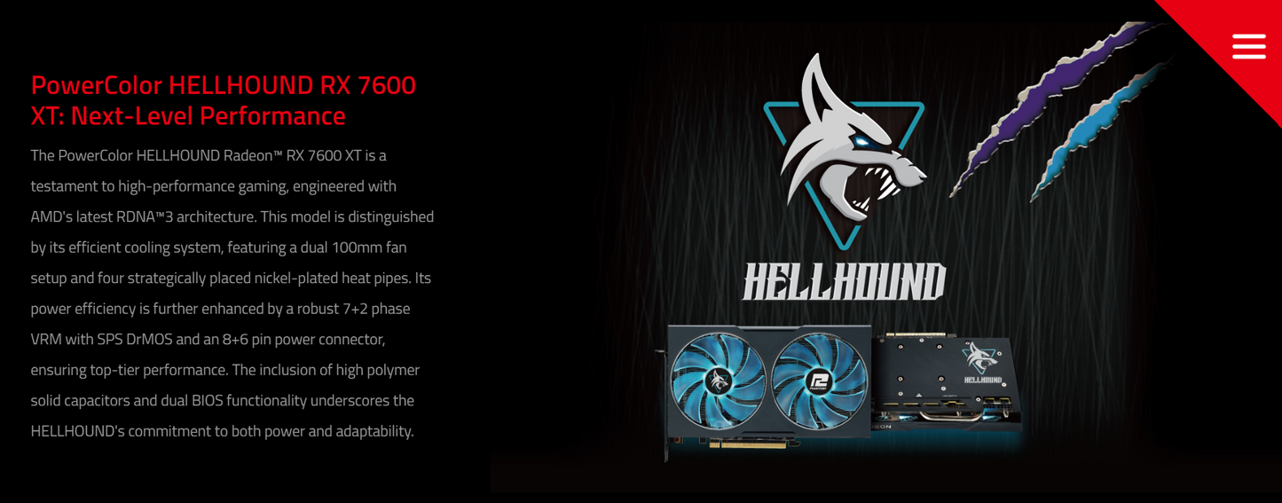 POWERCOLOR Hellhound AMD Radeon™ RX 7600 XT 16GB GDDR6, PCIE 4.0 x8 Graphics Cards