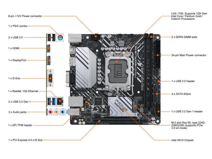 ASUS PRIME H610I-PLUS D4 Free WIFI &Bluetooth LGA 1700 Intel 12th & 13th Gen & Intel vPro mini ITX Motherboard PCIe 4.0, DDR4, USB 3.2 Gen 1 Type-A, M.2 slot, 1 Gb Lan, DP/HDMI/D-Sub