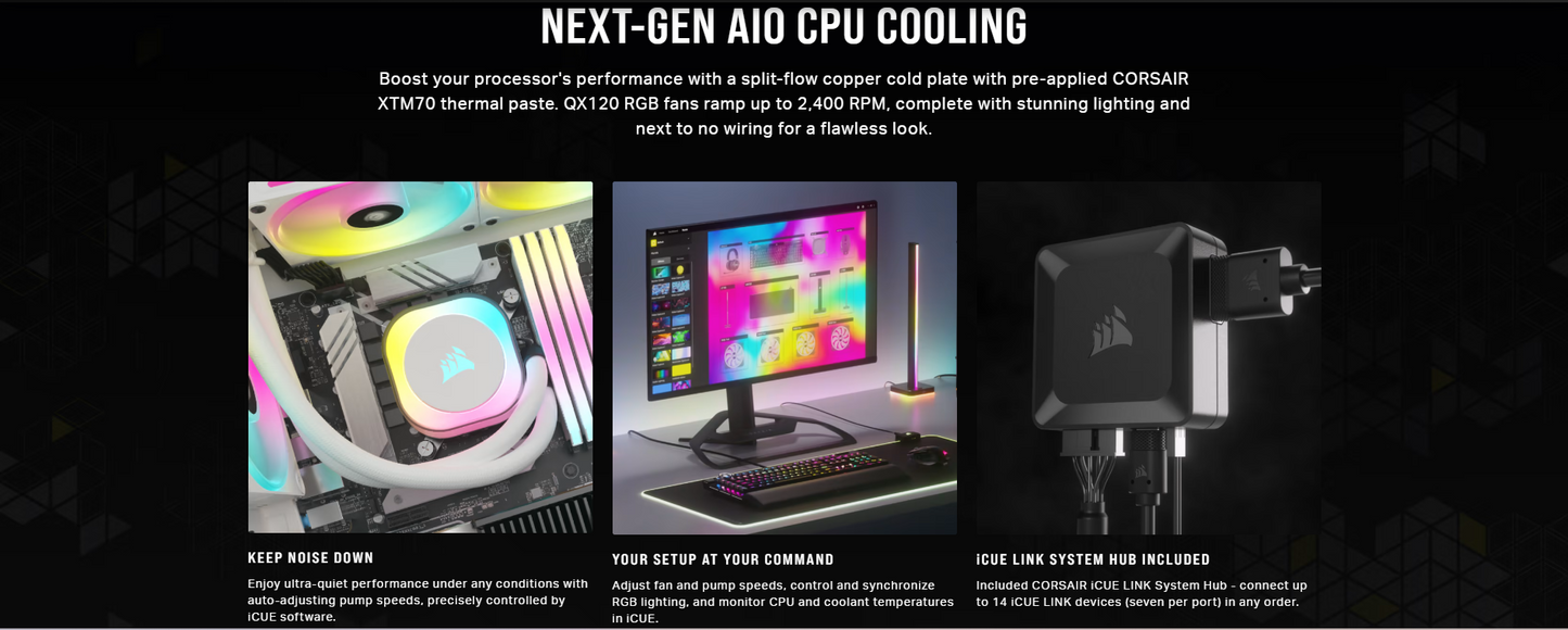 CORSAIR iCUE LINK H100i RGB BLACK/WHITE Liquid CPU Cooler - QX120 RGB Fans,240mm Radiator