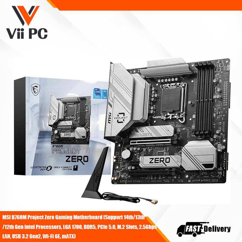 MSI B760M Project Zero Gaming Motherboard (Support 14th/13th/12th Gen Intel Processors, LGA 1700, DDR5, PCIe 5.0, M.2 Slots, 2.5Gbps LAN, USB 3.2 Gen2, Wi-Fi 6E, mATX)