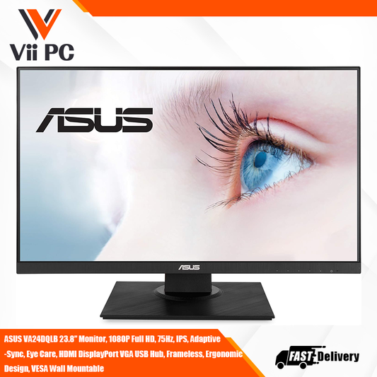 ASUS VA24DQLB 23.8” Monitor, 1080P Full HD, 75Hz, IPS, Adaptive-Sync, Eye Care, HDMI DisplayPort VGA USB Hub, Frameless, Ergonomic Design, VESA Wall Mountable