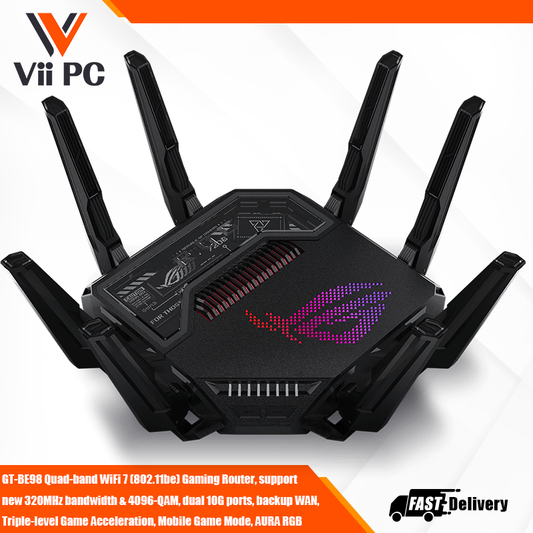 GT-BE98 Quad-band WiFi 7 (802.11be) Gaming Router, support new 320MHz bandwidth & 4096-QAM, dual 10G ports, backup WAN, Triple-level Game Acceleration, Mobile Game Mode, AURA RGB, AiMesh support
