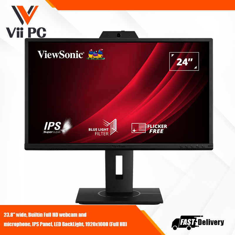ViewSonic VG2440V 24" IPS FHD 1080p Video Conferencing Monitor with Integrated 2MP Camera, Microphone, Speakers, Eye Care, Ergonomic Design, HDMI DisplayPort VGA Inputs for Home and Office,Black
