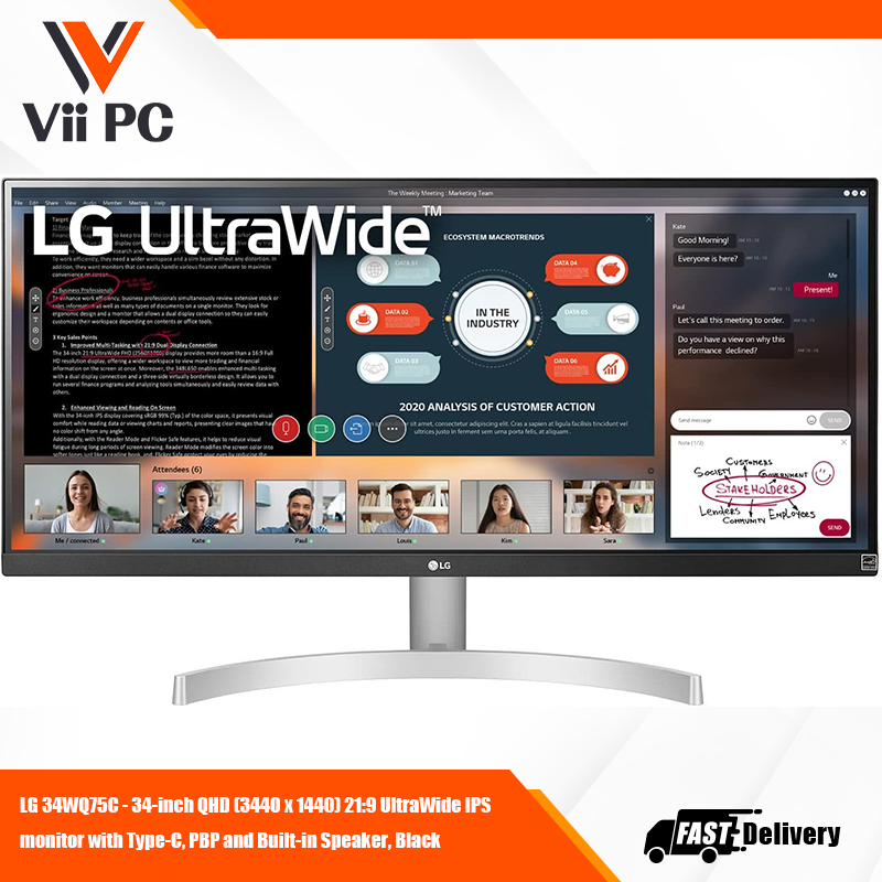 LG 34WQ75C - 34-inch QHD (3440 x 1440) 21:9 UltraWide IPS monitor with Type-C, PBP and Built-in Speaker, Black
