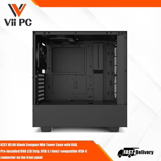 NZXT H510i Black Compact Mid-Tower Case with RGB, Pre-installed RGB LED Strip, USB 3.1 Gen2-compatible USB-C connector on the front panel