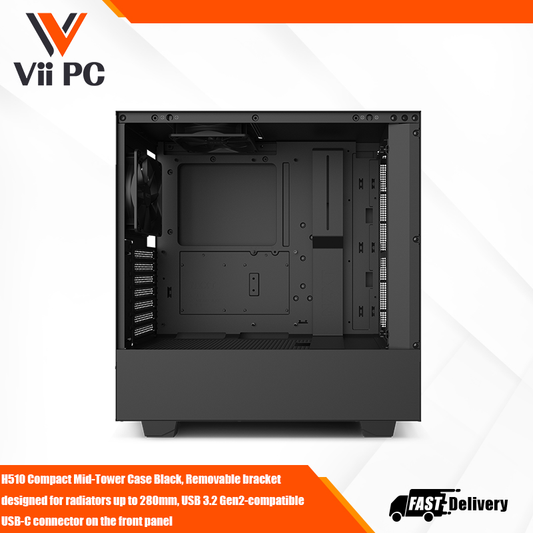 NZXT H510 Compact Mid-Tower Case Black, Removable bracket designed for radiators up to 280mm, USB 3.2 Gen2-compatible USB-C connector on the front panel
