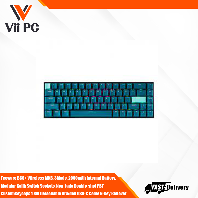 Tecware B68+ Wireless MKB, 3Mode, 2000mAh Internal Battery, Modular Kailh Switch Sockets, Non-Fade Double-shot PBT CustomKeycaps 1.8m Detachable Braided USB-C Cable N-Key Rollover