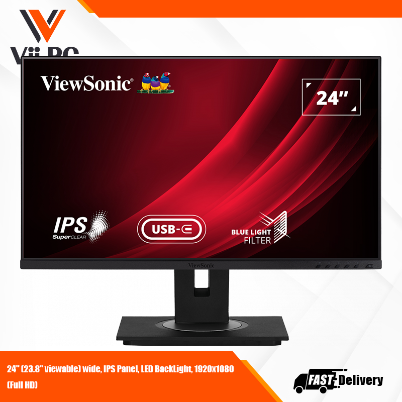 ViewSonic VG2455 24" IPS Full HD Type C Docking Monitor with USB 3.1, HDMI, DP, VGA, 40 Degree Tilt, Pan & Height Adjustments, for Home and Office