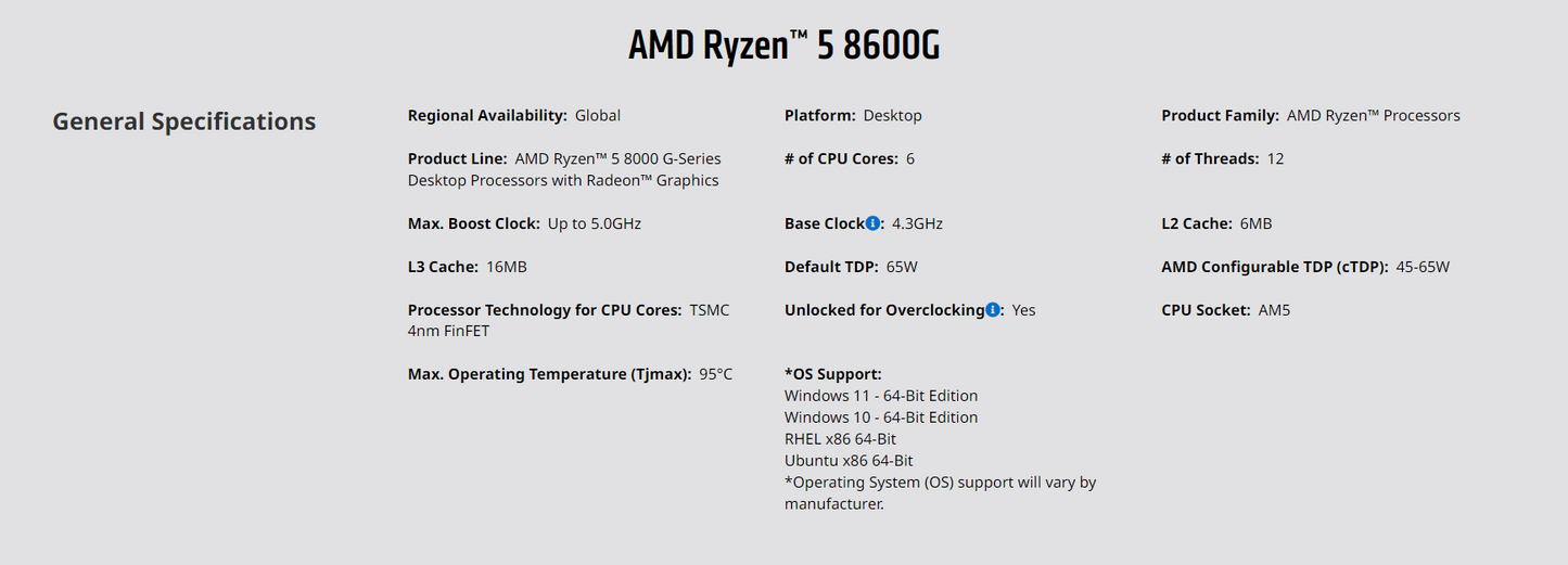 AMD Ryzen™ 5 8600G with Wraith Stealth Cooler - Ryzen 5 8000 Series Desktop Processor (6-Cores, 12-threads, 4.3GHz, Socket AM5, 65W)