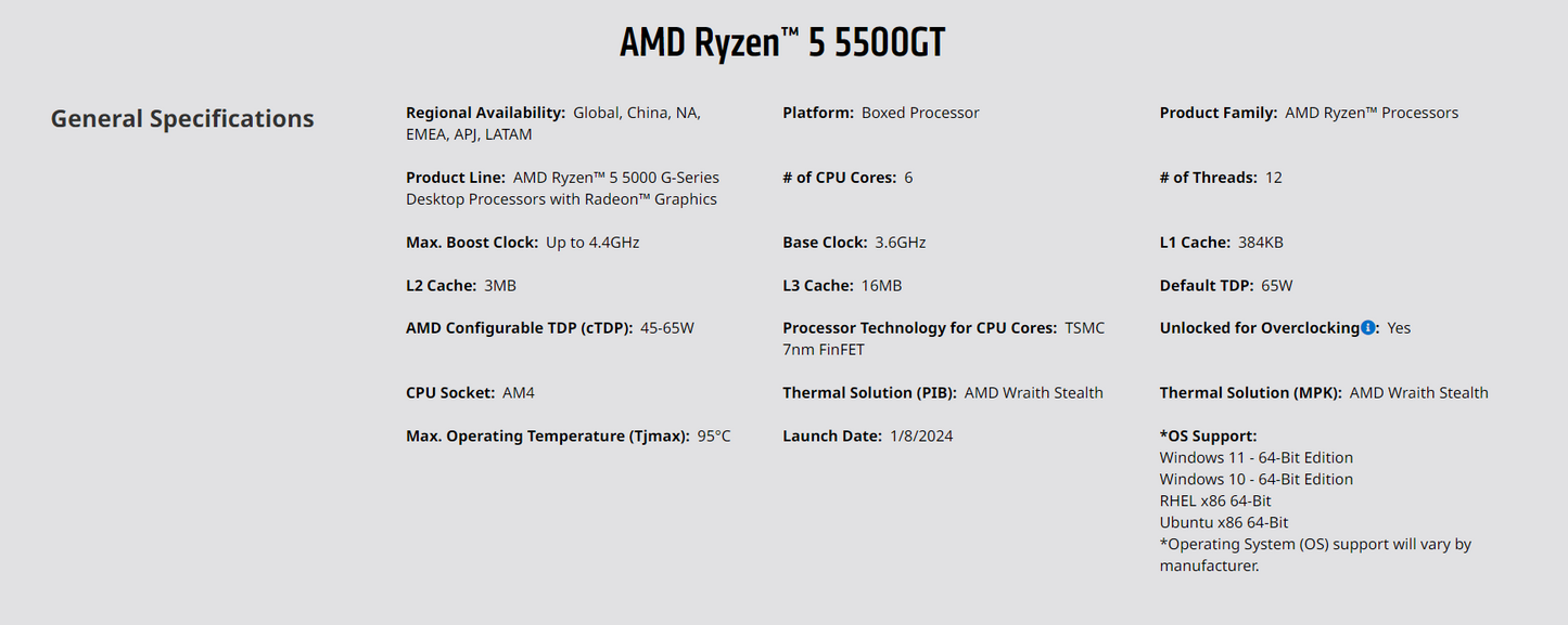 AMD Ryzen™ 5 5500GT with Wraith Stealth Cooler - Ryzen 5 5000 G-Series Desktop Processor (6-Cores, 12-threads, 3.6GHz, Socket AM4, 65W)