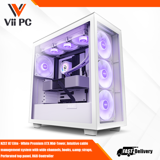 NZXT H7 Elite - White Premium ATX Mid-Tower, Intuitive cable management system with wide channels, hooks, straps, Perforated top panel, RGB Controller