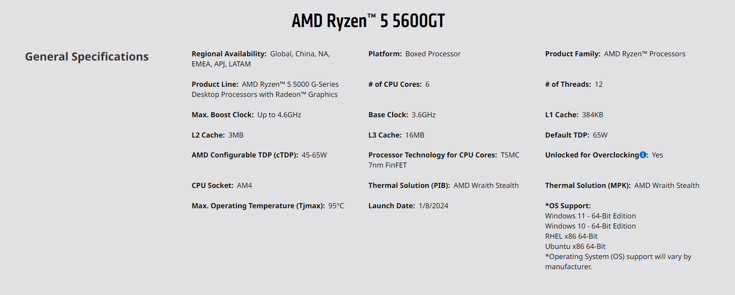 AMD Ryzen™ 5 5600GT with Wraith Stealth Cooler - Ryzen 5 5000 G-Series Desktop Processor (6-Cores, 12-threads, 3.6GHz, Socket AM4, 65W)