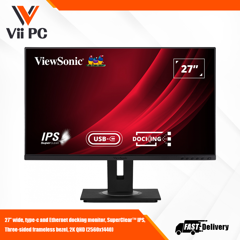 ViewSonic VG2756-2K 27 Inch IPS 1440p Docking Monitor with Integrated USB 3.2 Type-C RJ45 HDMI Display Port and 40 Degree Tilt Ergonomics for Home and Office, Black