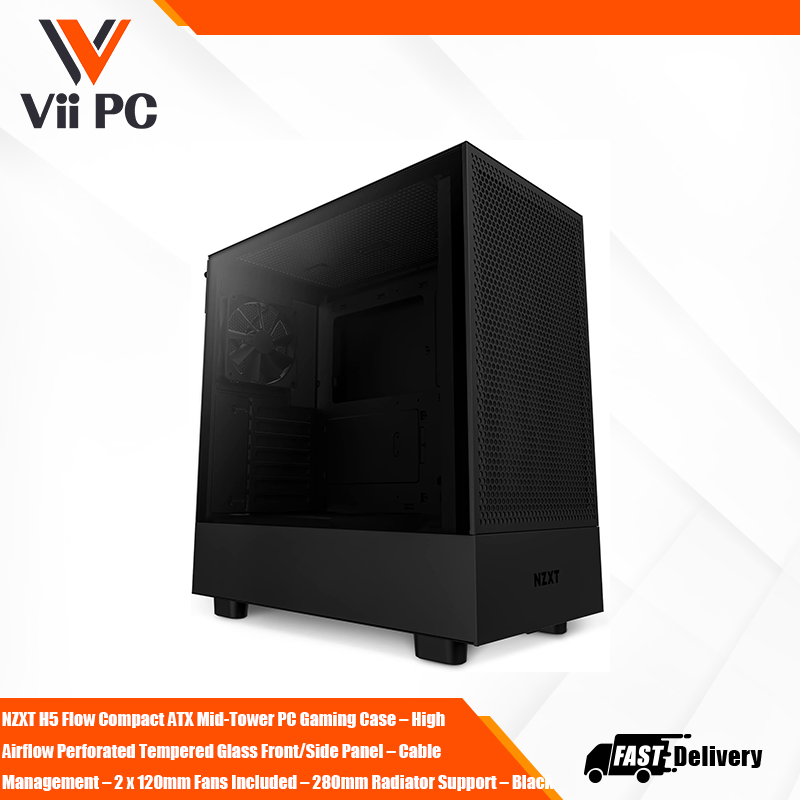 NZXT H5 Flow Compact ATX Mid-Tower PC Gaming Case – High Airflow Perforated Tempered Glass Front/Side Panel – Cable Management – 2 x 120mm Fans Included – 280mm Radiator Support – Black