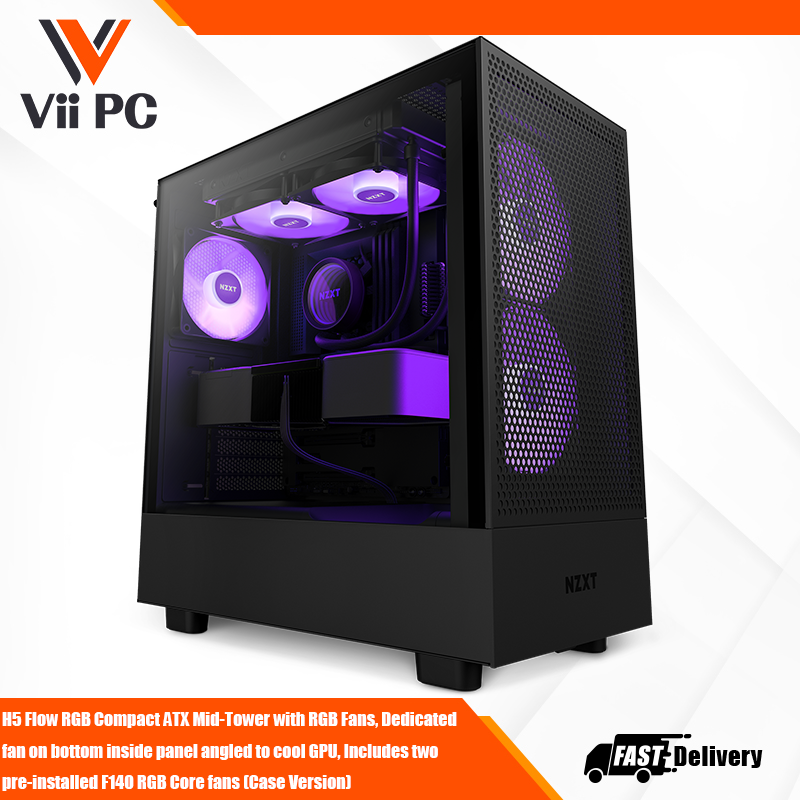 NZXT H5 Flow RGB Compact ATX Mid-Tower with RGB Fans, Dedicated fan on bottom inside panel is angled to cool GPU, Includes two pre-installed F140 RGB Core fans (Case Version) & two F120Q Quiet Airflow fans (Case Version)