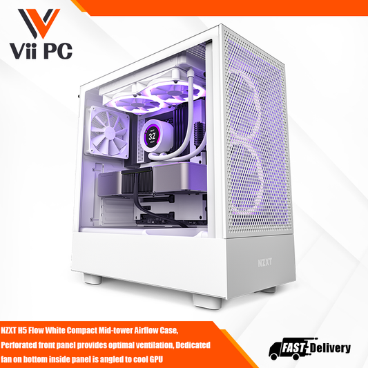 NZXT H5 Flow White Compact Mid-tower Airflow Case, Perforated front panel provides optimal ventilation, Dedicated fan on bottom inside panel is angled to cool GPU