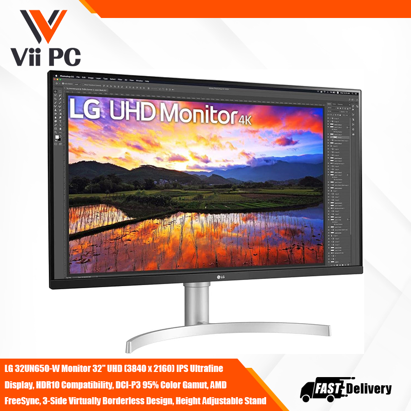 LG 32UN650-W Monitor 32" UHD (3840 x 2160) IPS Ultrafine Display, HDR10 Compatibility, DCI-P3 95% Color Gamut, AMD FreeSync, 3-Side Virtually Borderless Design, Height Adjustable Stand