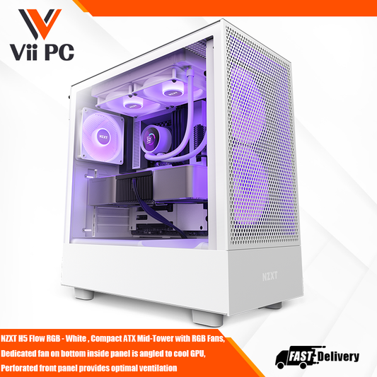 NZXT H5 Flow RGB - White , Compact ATX Mid-Tower with RGB Fans, Dedicated fan on bottom inside panel is angled to cool GPU, Perforated front panel provides optimal ventilation