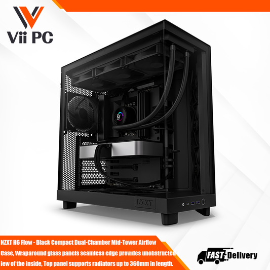 NZXT H6 Flow - Black Compact Dual-Chamber Mid-Tower Airflow Case, Wraparound glass panels seamless edge provides unobstructed view of the inside, Top panel supports radiators up to 360mm in length. Up to 365mm GPU and 200mm PSU clearance
