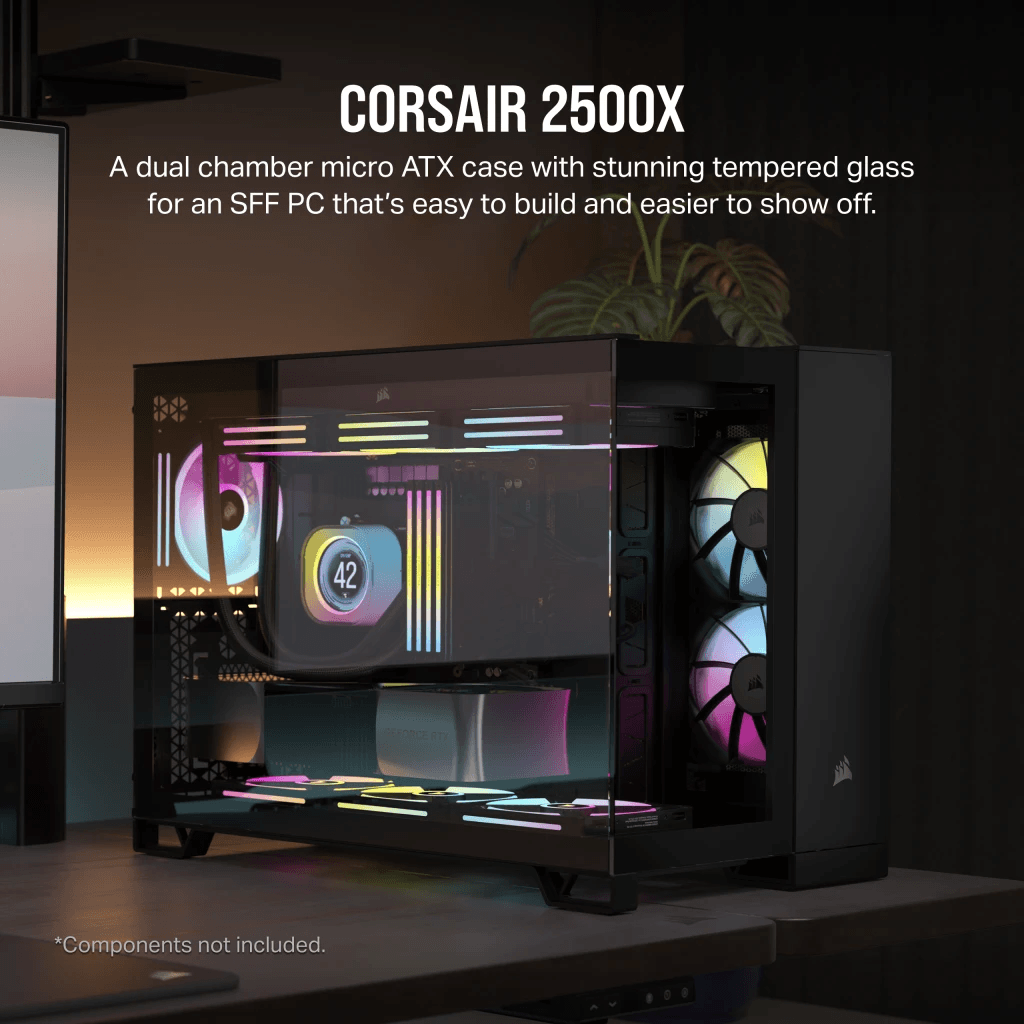 CORSAIR 2500X Mid-Tower Dual Chamber ATX PC Case - BLACK OR WHITE, Tempered Glass, Compatible with reverse connector mATX & mITX motherboards, 2Yrs Wty