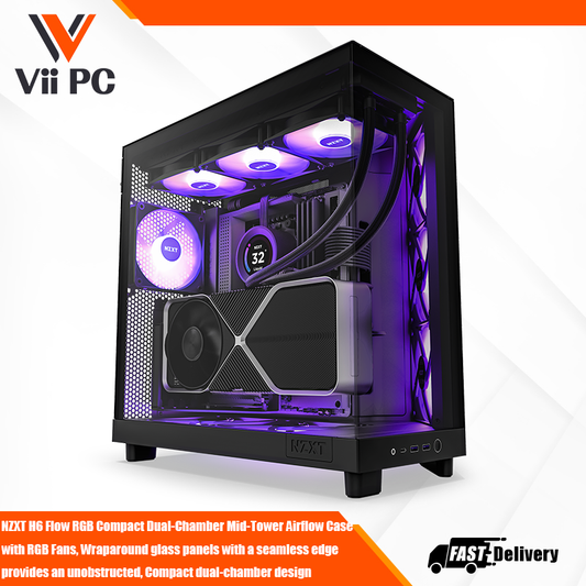 NZXT H6 Flow RGB Compact Dual-Chamber Mid-Tower Airflow Case with RGB Fans, Wraparound glass panels with a seamless edge provides an unobstructed, Compact dual-chamber design improves overall thermal performance and creates a clean, uncrowded aesthetic.