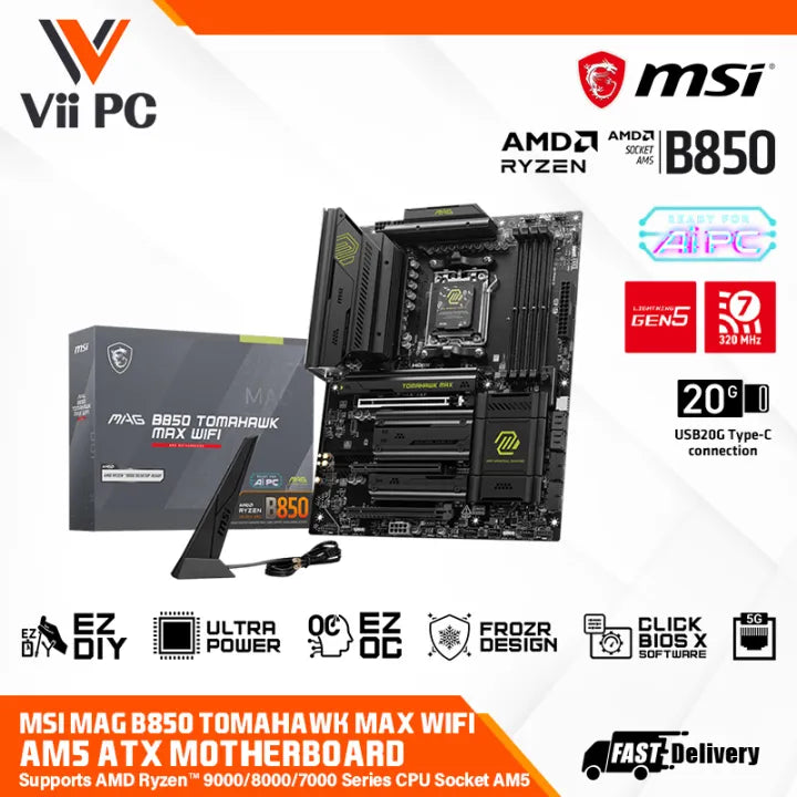MSI MAG B850 TOMAHAWK MAX WIFI Supports AMD Ryzen™ 9000/ 8000/ 7000 Series Desktop Processors Socket AM5 ATX MOTHERBOARD