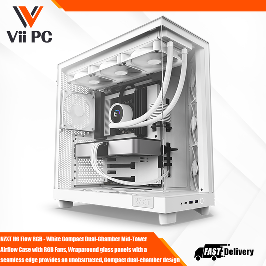 NZXT H6 Flow - White Compact Dual-Chamber Mid-Tower Airflow Case, Compact dual-chamber design improves overall thermal performance, Wraparound glass panels with a seamless edge provides an unobstructed view of the inside
