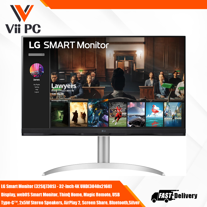 LG Smart Monitor (32SQ730S) - 32-Inch 4K UHD(3840x2160) Display, webOS Smart Monitor, ThinQ Home, Magic Remote, USB Type-C™, 2x5W Stereo Speakers, AirPlay 2, Screen Share, Bluetooth,Silver