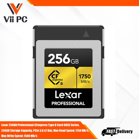 Lexar 256GB Professional CFexpress Type B Card GOLD Series,  256GB Storage Capacity, PCIe 3.0 x2 Bus, Max Read Speed: 1750 MB/s,  Max Write Speed: 1500 MB/s
